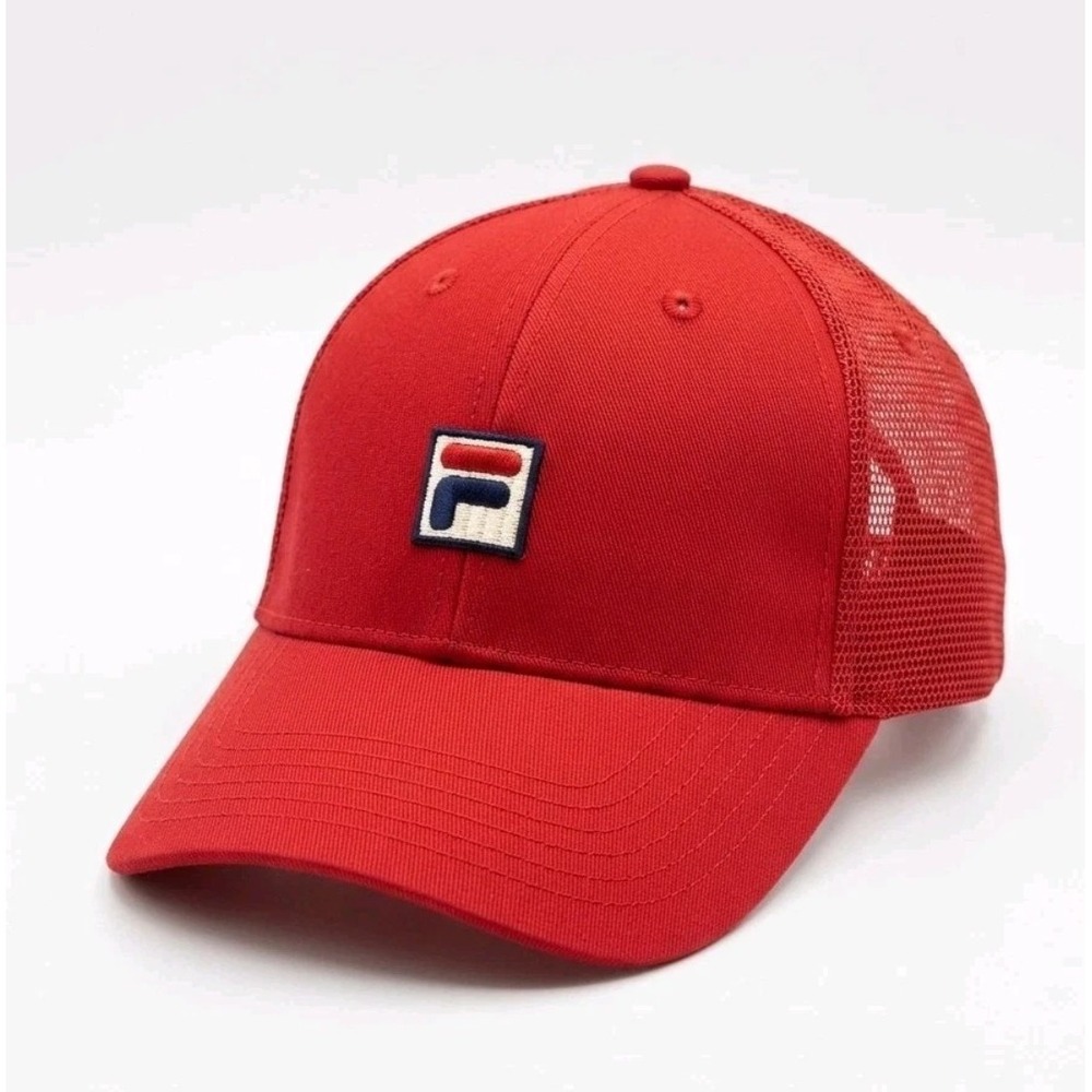 New FILA Men's Red Cap Embroidered Logo Snapback Trucker Style Mesh Hat